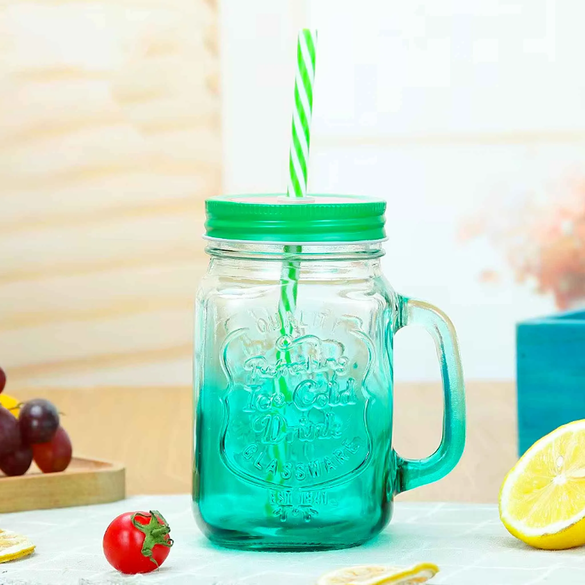 500ML Mason Mug With Handle & Straw