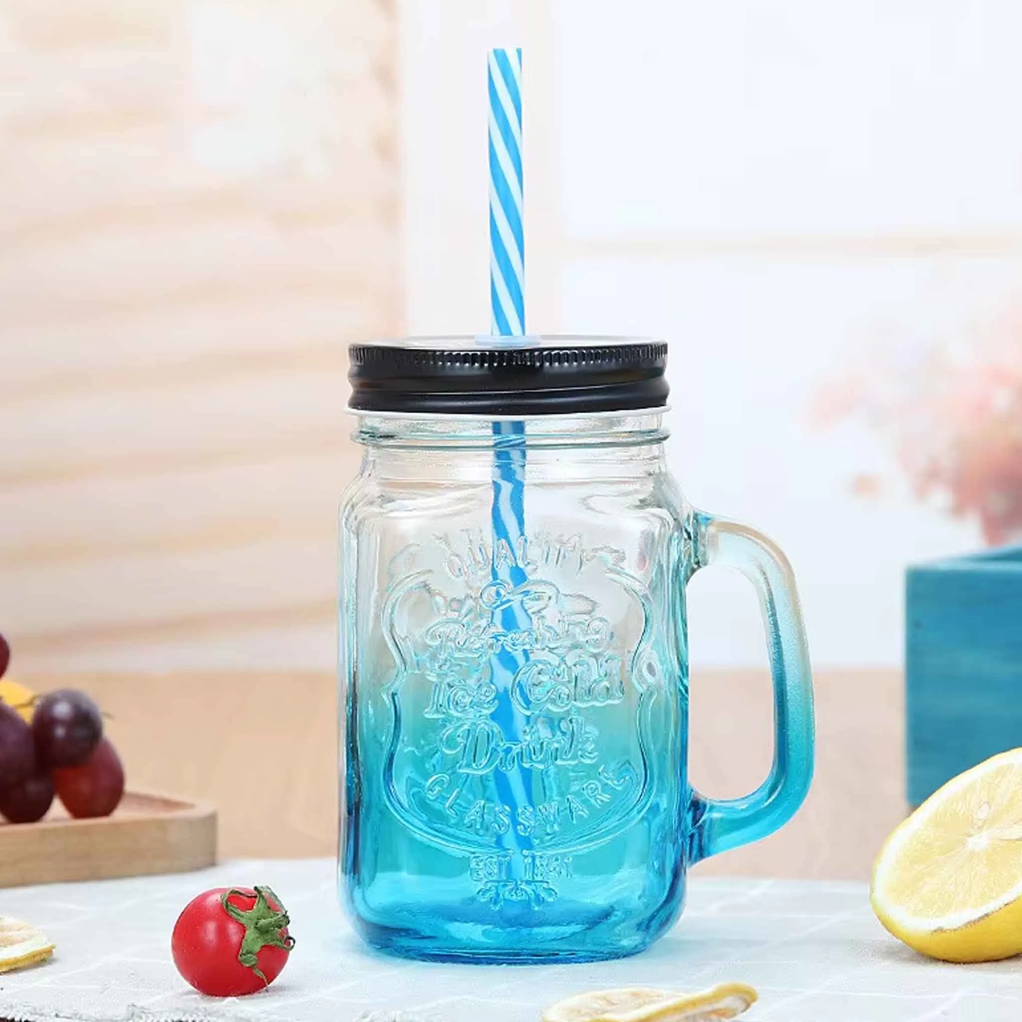 500ML Mason Mug With Handle & Straw