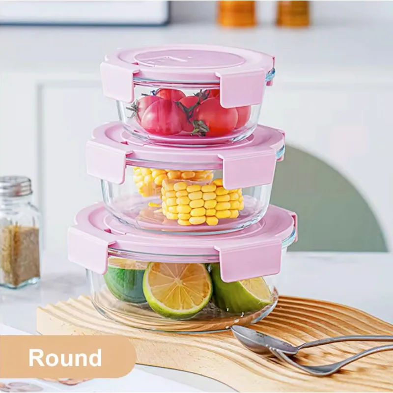 3pc Pink colour Transparent Round Design Glass Container