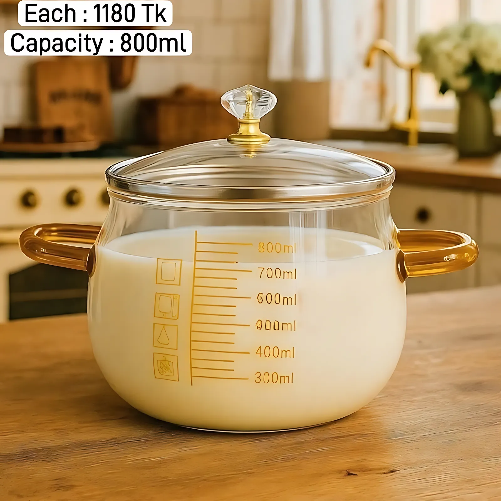 800ml Borosilicate Binaural Heat & Fire Proof Scaled Transparent Household Imported Glass Casserole Pot